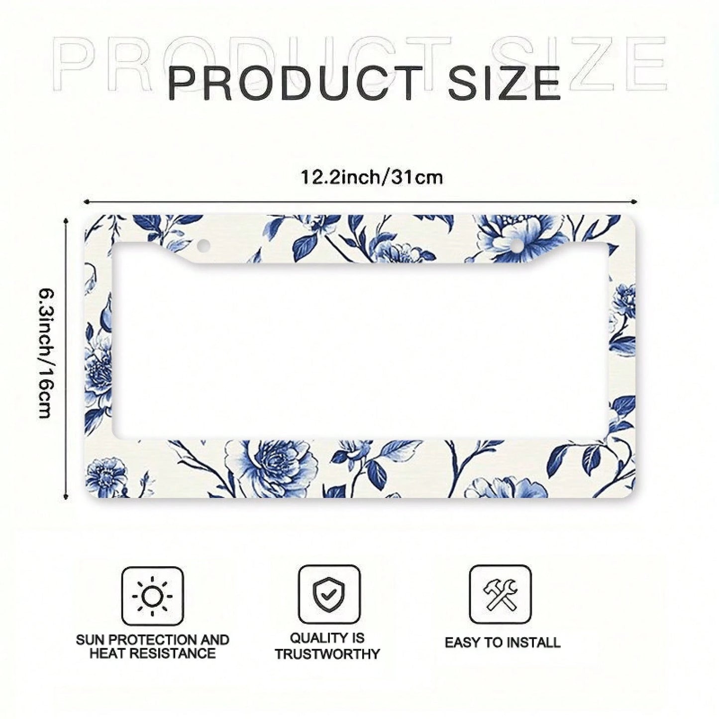 1pc Blue & White Peony Metal License Plate Frame,Universal Fit For US & Most Vehicles, With Mounting Screws, Car Exterior Decor Accessory, Ideal For Easter, 12x6 Inch,Car Must Haves,Car Decor,Car Cove