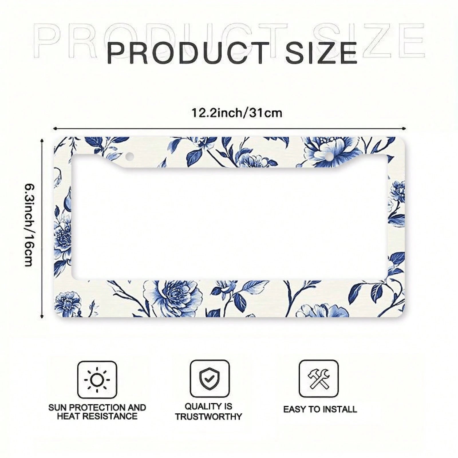 1pc Blue & White Peony Metal License Plate Frame,Universal Fit For US & Most Vehicles, With Mounting Screws, Car Exterior Decor Accessory, Ideal For Easter, 12x6 Inch,Car Must Haves,Car Decor,Car Cove