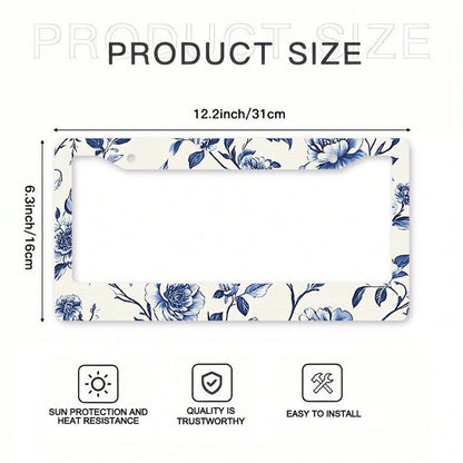 1pc Blue & White Peony Metal License Plate Frame,Universal Fit For US & Most Vehicles, With Mounting Screws, Car Exterior Decor Accessory, Ideal For Easter, 12x6 Inch,Car Must Haves,Car Decor,Car Cove