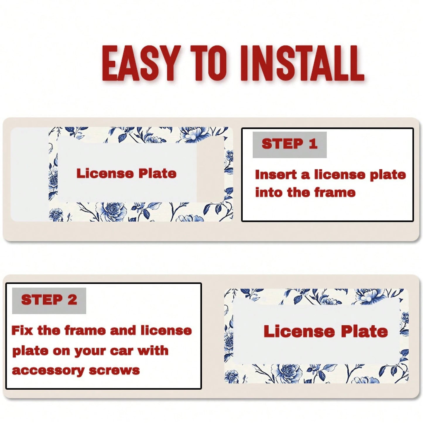 1pc Blue & White Peony Metal License Plate Frame,Universal Fit For US & Most Vehicles, With Mounting Screws, Car Exterior Decor Accessory, Ideal For Easter, 12x6 Inch,Car Must Haves,Car Decor,Car Cove