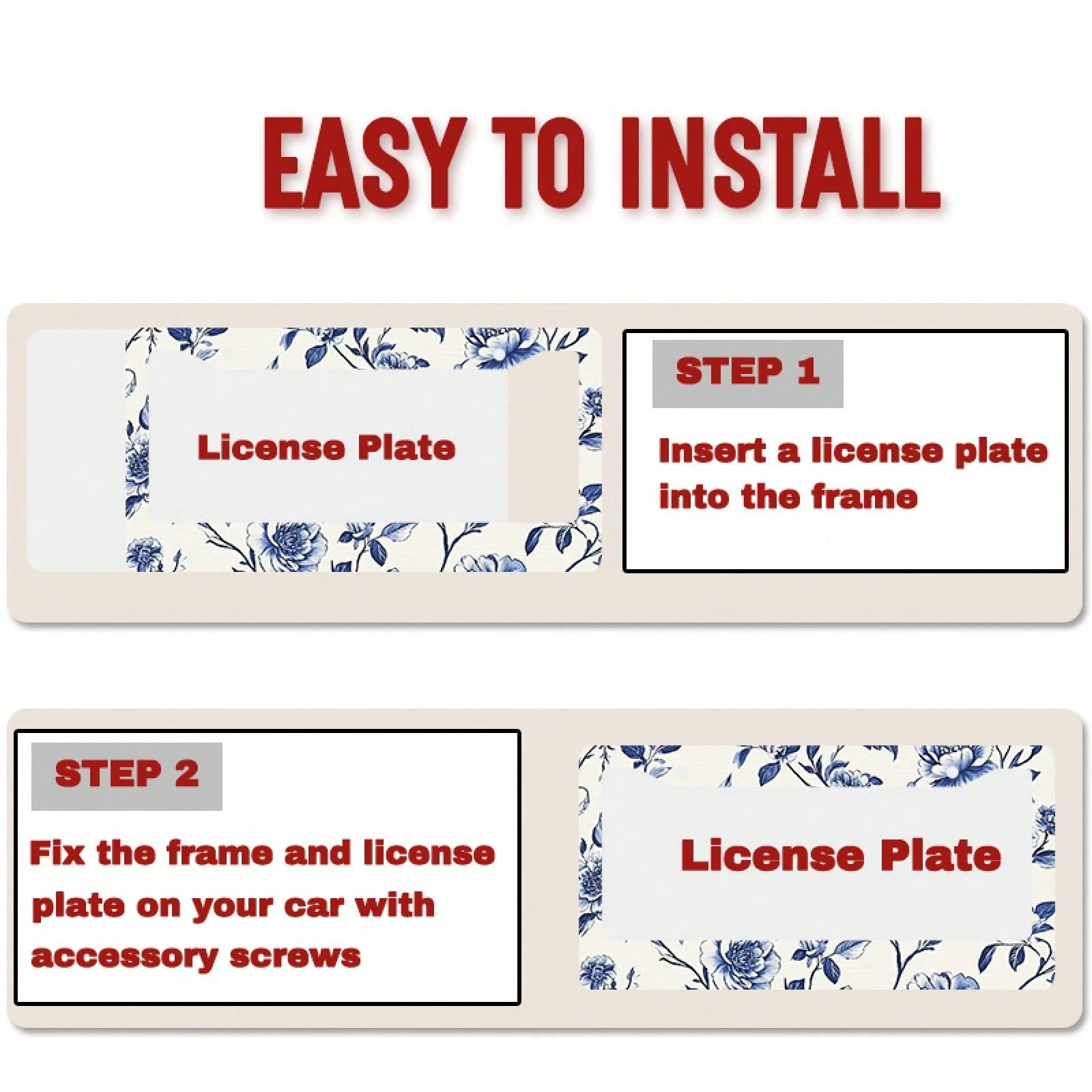 1pc Blue & White Peony Metal License Plate Frame,Universal Fit For US & Most Vehicles, With Mounting Screws, Car Exterior Decor Accessory, Ideal For Easter, 12x6 Inch,Car Must Haves,Car Decor,Car Cove
