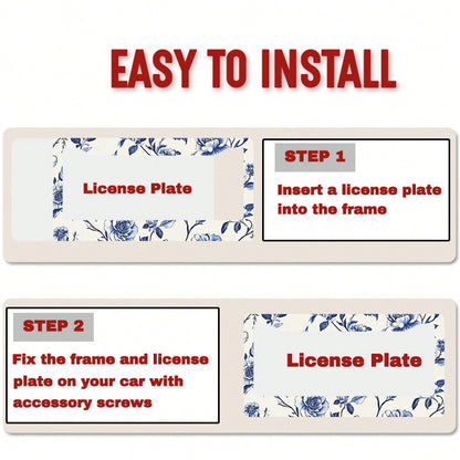 1pc Blue & White Peony Metal License Plate Frame,Universal Fit For US & Most Vehicles, With Mounting Screws, Car Exterior Decor Accessory, Ideal For Easter, 12x6 Inch,Car Must Haves,Car Decor,Car Cove