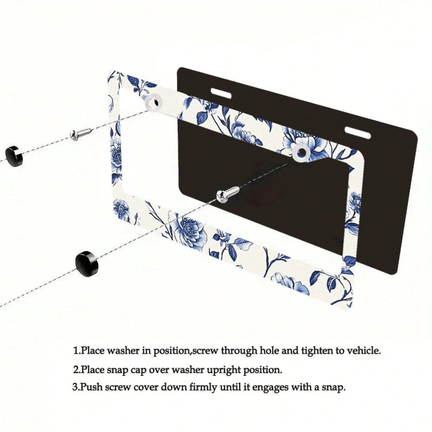 1pc Blue & White Peony Metal License Plate Frame,Universal Fit For US & Most Vehicles, With Mounting Screws, Car Exterior Decor Accessory, Ideal For Easter, 12x6 Inch,Car Must Haves,Car Decor,Car Cove