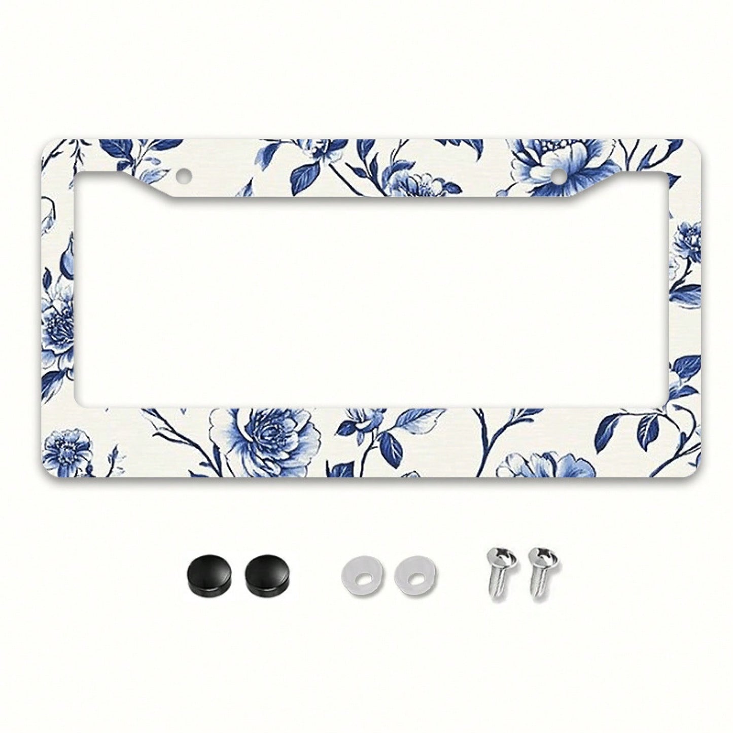 1pc Blue & White Peony Metal License Plate Frame,Universal Fit For US & Most Vehicles, With Mounting Screws, Car Exterior Decor Accessory, Ideal For Easter, 12x6 Inch,Car Must Haves,Car Decor,Car Cove