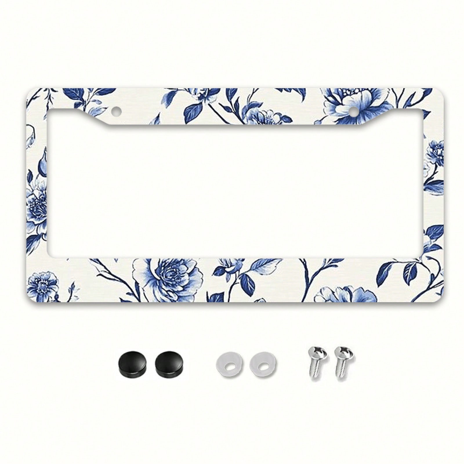 1pc Blue & White Peony Metal License Plate Frame,Universal Fit For US & Most Vehicles, With Mounting Screws, Car Exterior Decor Accessory, Ideal For Easter, 12x6 Inch,Car Must Haves,Car Decor,Car Cove