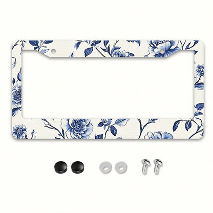 1pc Blue & White Peony Metal License Plate Frame,Universal Fit For US & Most Vehicles, With Mounting Screws, Car Exterior Decor Accessory, Ideal For Easter, 12x6 Inch,Car Must Haves,Car Decor,Car Cove
