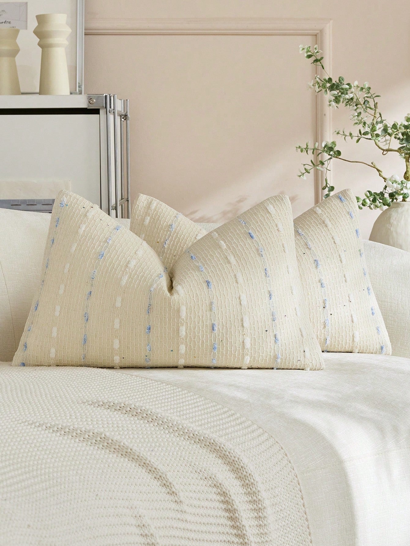 1pc Blue & White Waffle Weave Jacquard Pillow Case (Insert Not Included), Bohemian Style, Soft Chenille Decorative Square Pillow Cover, Suitable For Holiday, Sofa, Bedroom, Bed, All Seasons Use