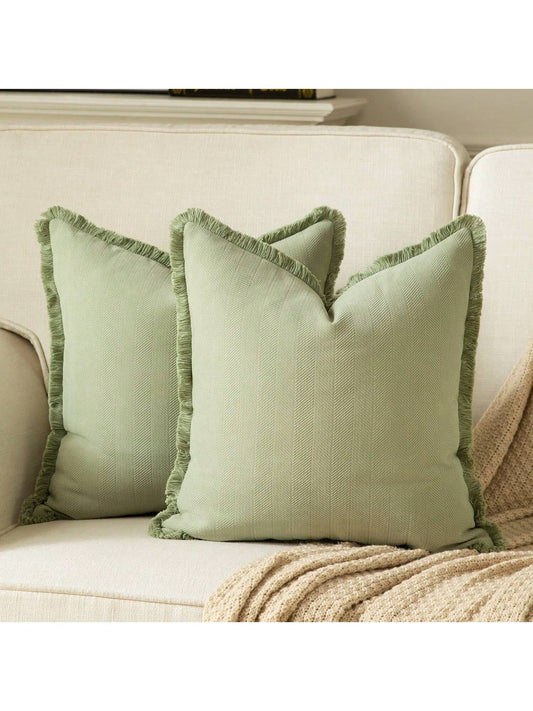 1pc Bohemian Style Solid Color Chenille Tassel Decorative Throw Pillow Cover, Aesthetic Cushion Case For Sofa Couch Bedroom Living Room Home Decor