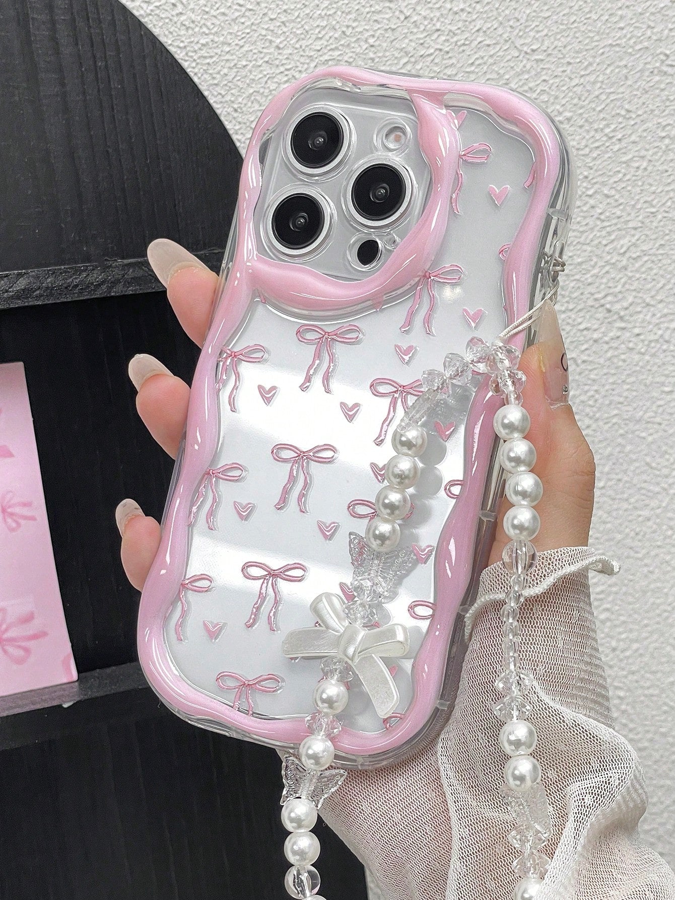 1pc Bow Tie Element Pink Novelty Glossy Bow Tie Print Thick High Drop Protection Phone Case With Wavy Edge And Faux Pearl Strap, Compatible With Iphone 11 12 13 14 11Promax 12Promax 13Promax 14Promax