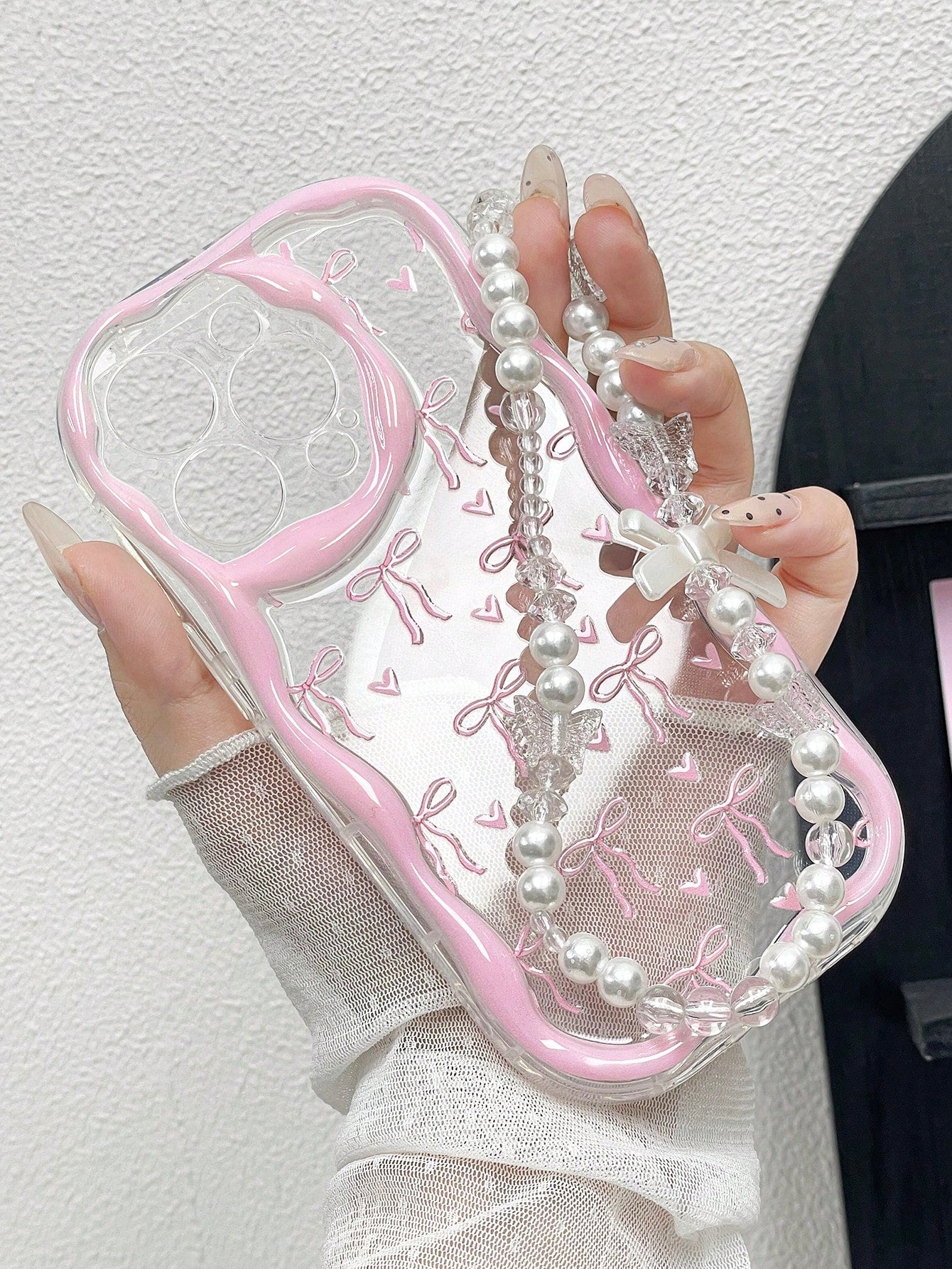 1pc Bow Tie Element Pink Novelty Glossy Bow Tie Print Thick High Drop Protection Phone Case With Wavy Edge And Faux Pearl Strap, Compatible With Iphone 11 12 13 14 11Promax 12Promax 13Promax 14Promax
