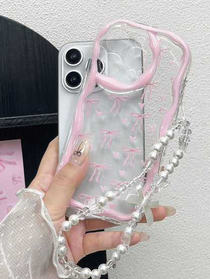 1pc Bow Tie Element Pink Novelty Glossy Bow Tie Print Thick High Drop Protection Phone Case With Wavy Edge And Faux Pearl Strap, Compatible With Iphone 11 12 13 14 11Promax 12Promax 13Promax 14Promax