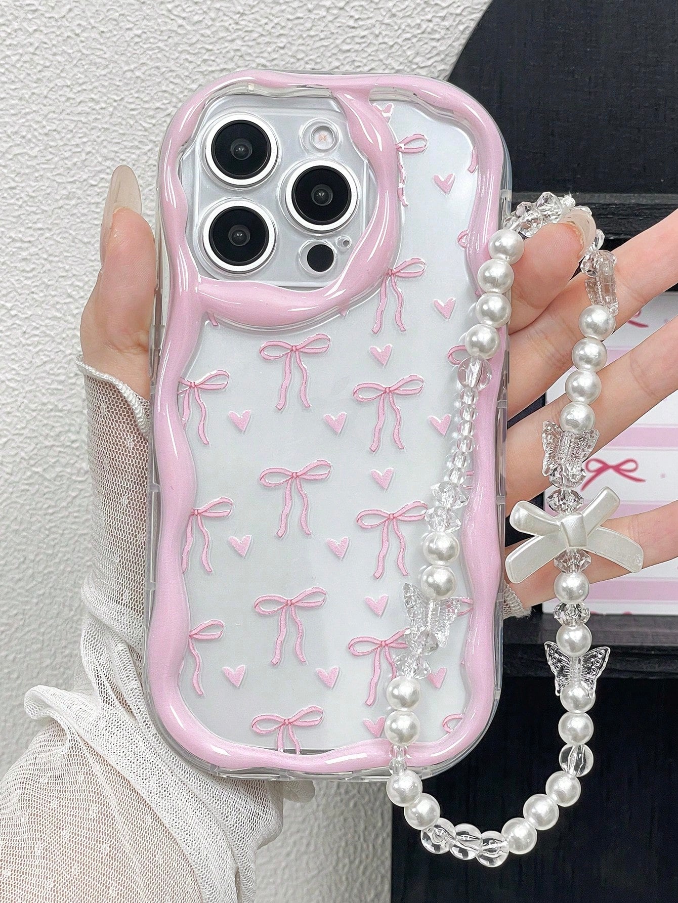 1pc Bow Tie Element Pink Novelty Glossy Bow Tie Print Thick High Drop Protection Phone Case With Wavy Edge And Faux Pearl Strap, Compatible With Iphone 11 12 13 14 11Promax 12Promax 13Promax 14Promax