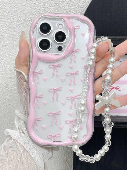 1pc Bow Tie Element Pink Novelty Glossy Bow Tie Print Thick High Drop Protection Phone Case With Wavy Edge And Faux Pearl Strap, Compatible With Iphone 11 12 13 14 11Promax 12Promax 13Promax 14Promax