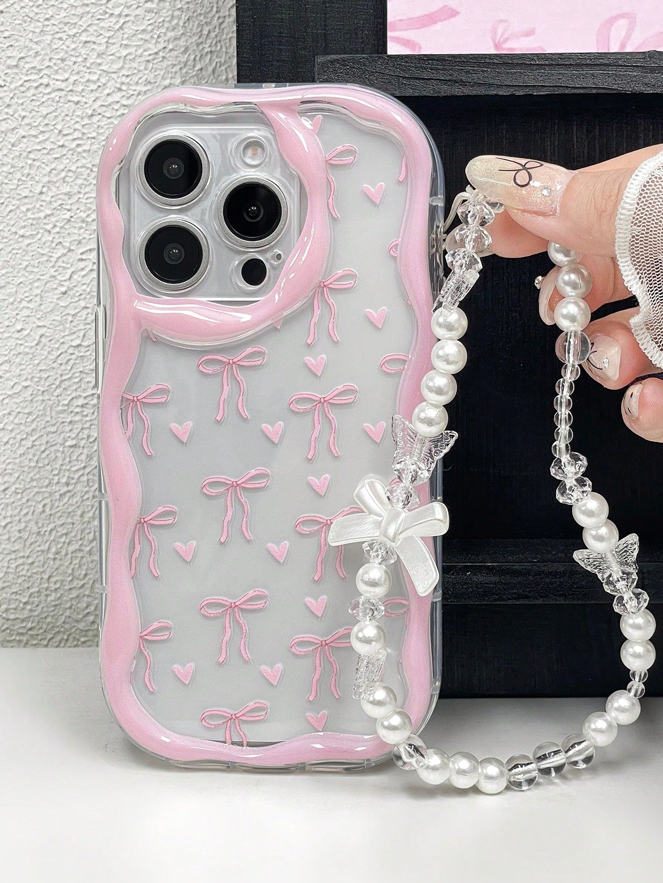 1pc Bow Tie Element Pink Novelty Glossy Bow Tie Print Thick High Drop Protection Phone Case With Wavy Edge And Faux Pearl Strap, Compatible With Iphone 11 12 13 14 11Promax 12Promax 13Promax 14Promax