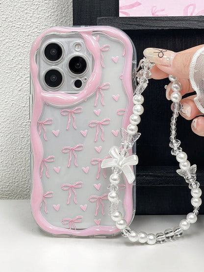 1pc Bow Tie Element Pink Novelty Glossy Bow Tie Print Thick High Drop Protection Phone Case With Wavy Edge And Faux Pearl Strap, Compatible With Iphone 11 12 13 14 11Promax 12Promax 13Promax 14Promax
