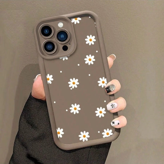 1pc Brown Cute Fashion UV Painted Full Screen Daisy Raised Edge Shockproof Phone Case Compatible With Ip17 16 15 14 13 S26 S25 S24 Honor 400Lite 200Pro Honor A5 X9 X8 X6 9x And Smart6/7/8/9/10, 14T Xi