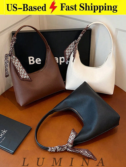 1pc Brown/White Summer Minimal Women's Shoulder Bag With Scarf, Vintage Crescent Hobo Bag Leather Bags Women Carteras Para Mujer