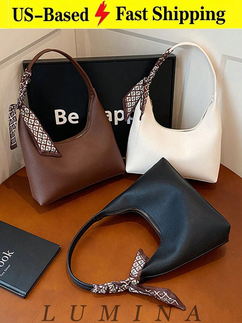 1pc Brown/White Summer Minimal Women's Shoulder Bag With Scarf, Vintage Crescent Hobo Bag Leather Bags Women Carteras Para Mujer