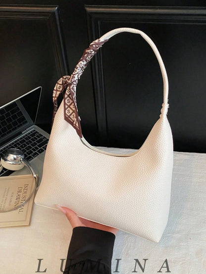 1pc Brown/White Summer Minimal Women's Shoulder Bag With Scarf, Vintage Crescent Hobo Bag Leather Bags Women Carteras Para Mujer