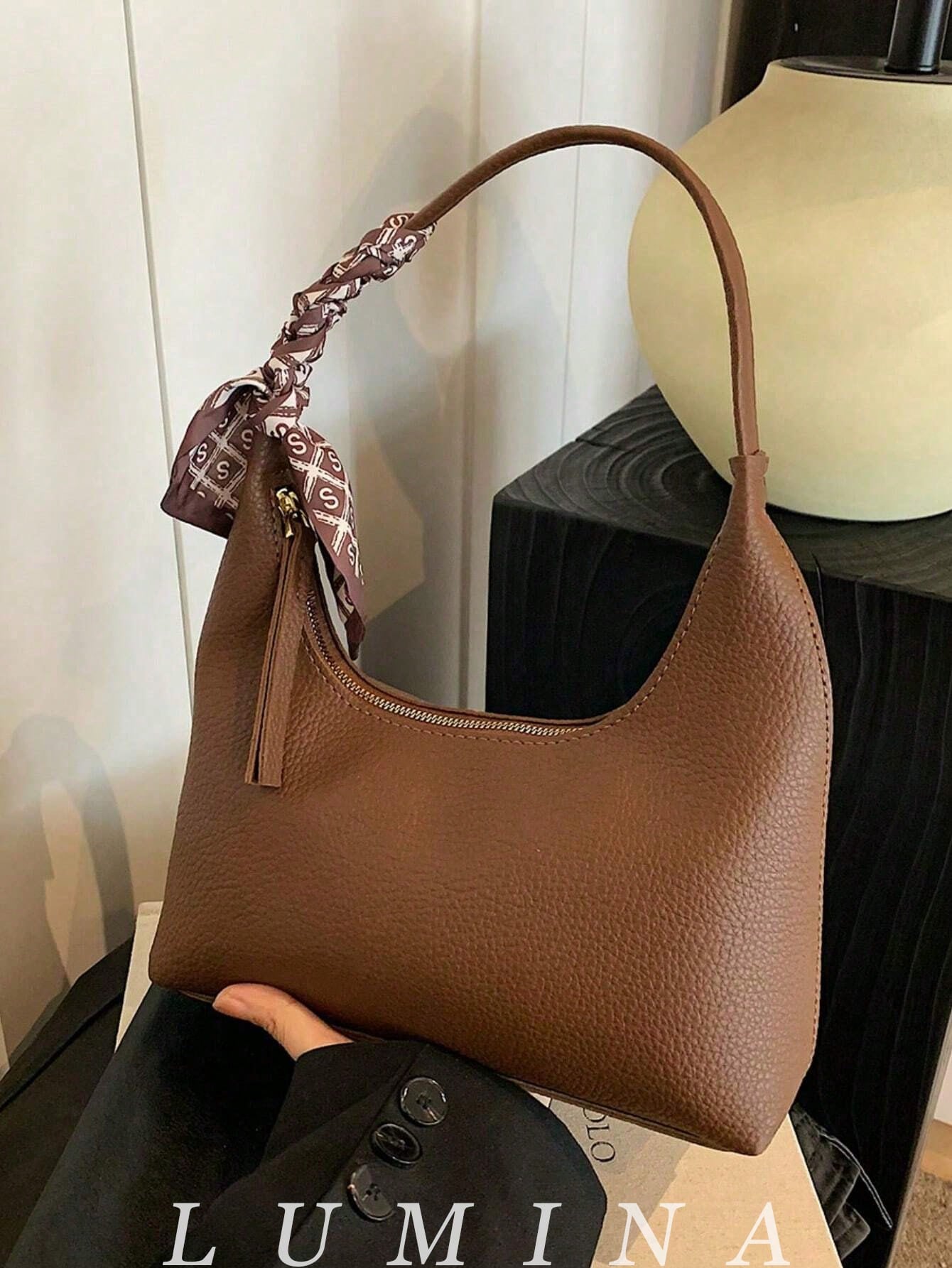 1pc Brown/White Summer Minimal Women's Shoulder Bag With Scarf, Vintage Crescent Hobo Bag Leather Bags Women Carteras Para Mujer