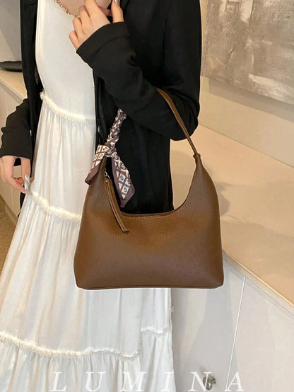 1pc Brown/White Summer Minimal Women's Shoulder Bag With Scarf, Vintage Crescent Hobo Bag Leather Bags Women Carteras Para Mujer