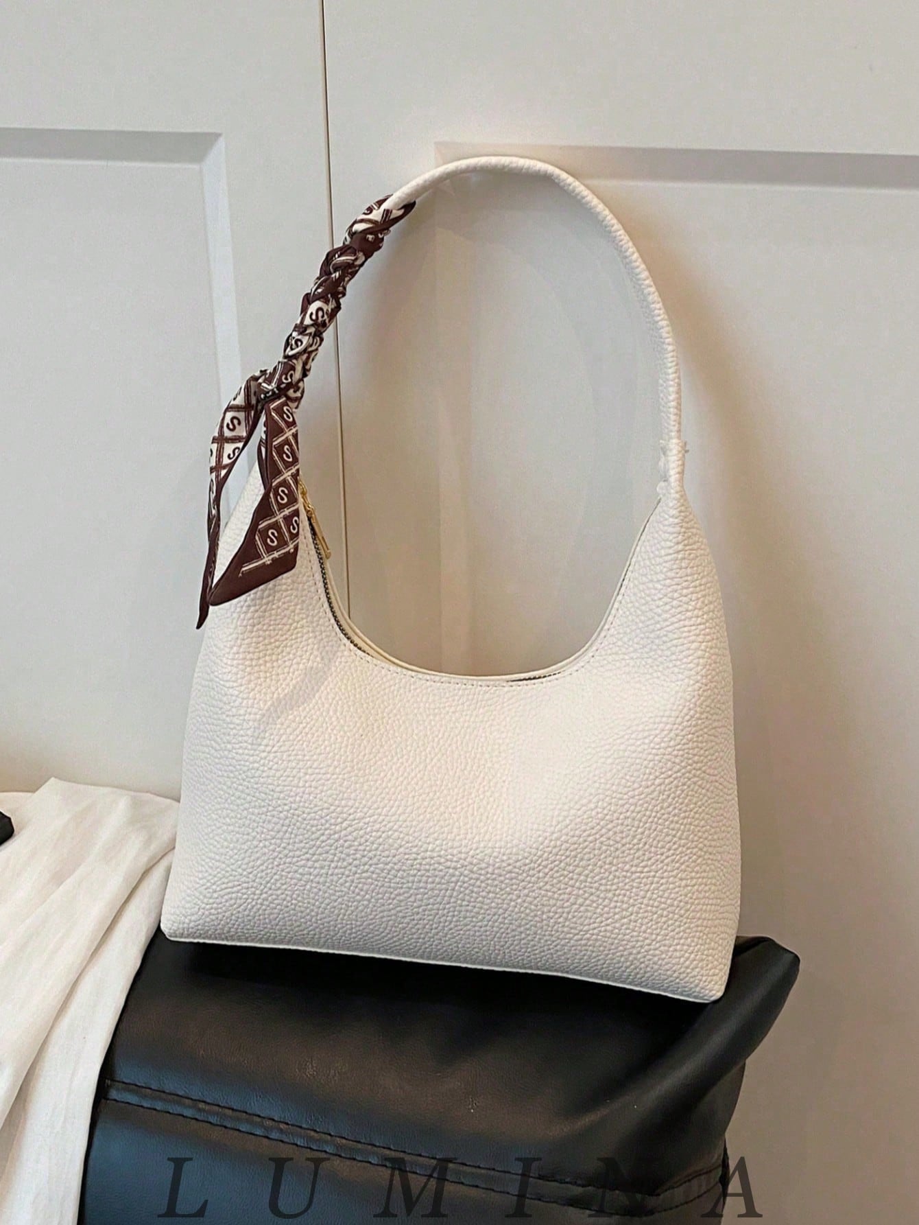 1pc Brown/White Summer Minimal Women's Shoulder Bag With Scarf, Vintage Crescent Hobo Bag Leather Bags Women Carteras Para Mujer