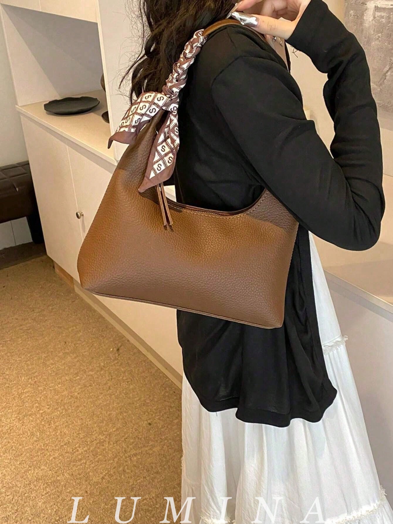 1pc Brown/White Summer Minimal Women's Shoulder Bag With Scarf, Vintage Crescent Hobo Bag Leather Bags Women Carteras Para Mujer