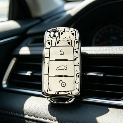 1pc Car Key Case-Deluxe Print,Suitable For Jetta Mk6, Polo Mk5, Golf Mk6, Tiguan Mk1, Passat B7, Passat NMS, Caddy Mk3, Beetle, Amarok, Touran Mk1. Advanced Soft-Touch, Does Not Block Signal, Unisex.