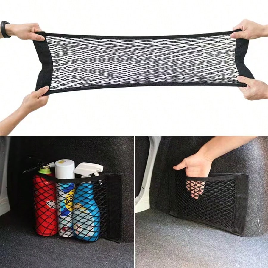 1pc Car Trunk Storage Net, Durable Elastic Mesh Storage Bag, Universal Cargo Net Can Be Hung On SUV Back Seat, Space-Saving Double Layer Pocket Design, Can Securely Hold Water Bottles, Tools, Fire Ext