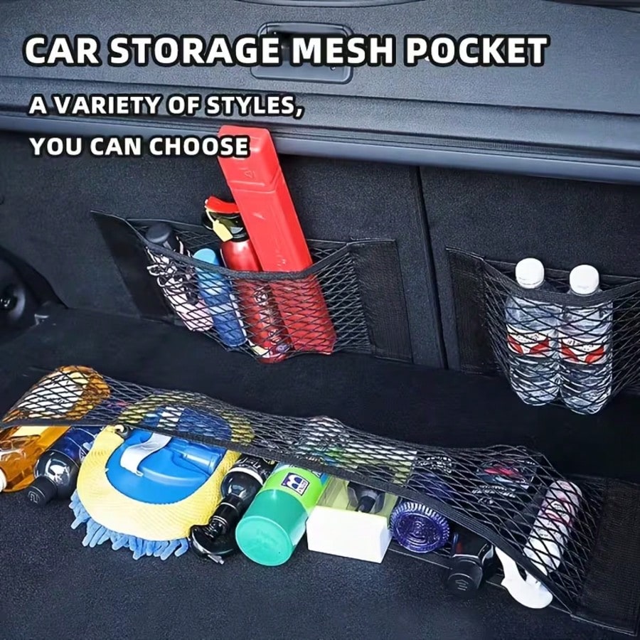 1pc Car Trunk Storage Net, Durable Elastic Mesh Storage Bag, Universal Cargo Net Can Be Hung On SUV Back Seat, Space-Saving Double Layer Pocket Design, Can Securely Hold Water Bottles, Tools, Fire Ext