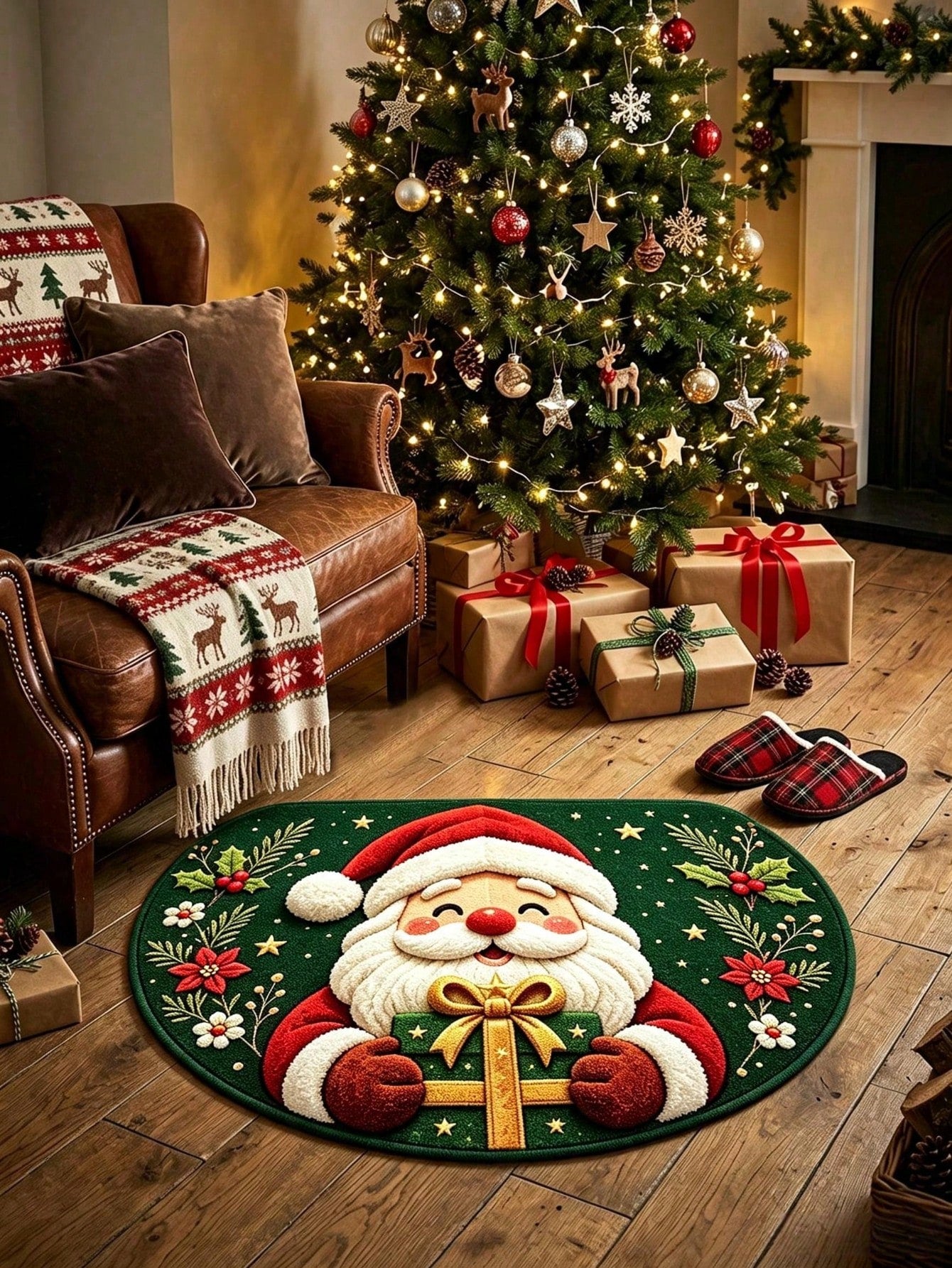 1pc Christmas Half-Circle Floor Mat, Santa Claus Pattern Carpet, Christmas Party Supplies, Merry Christmas Decor, Christmas Eve Decoration, Christmas Ornaments, Christmas Outdoor Decor Mat, Christmas