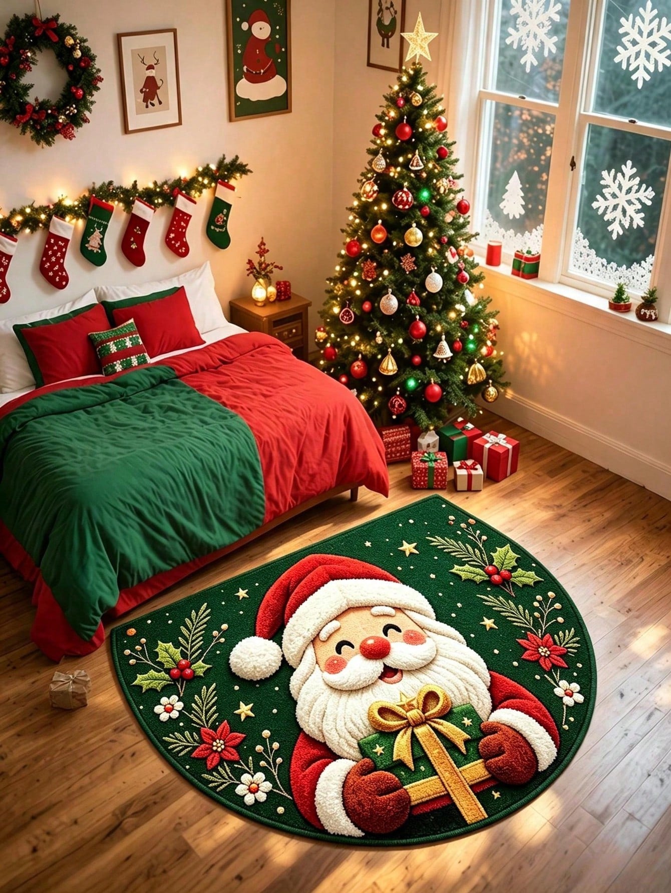 1pc Christmas Half-Circle Floor Mat, Santa Claus Pattern Carpet, Christmas Party Supplies, Merry Christmas Decor, Christmas Eve Decoration, Christmas Ornaments, Christmas Outdoor Decor Mat, Christmas