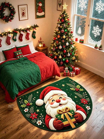 1pc Christmas Half-Circle Floor Mat, Santa Claus Pattern Carpet, Christmas Party Supplies, Merry Christmas Decor, Christmas Eve Decoration, Christmas Ornaments, Christmas Outdoor Decor Mat, Christmas