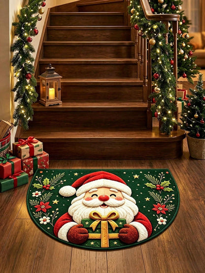1pc Christmas Half-Circle Floor Mat, Santa Claus Pattern Carpet, Christmas Party Supplies, Merry Christmas Decor, Christmas Eve Decoration, Christmas Ornaments, Christmas Outdoor Decor Mat, Christmas