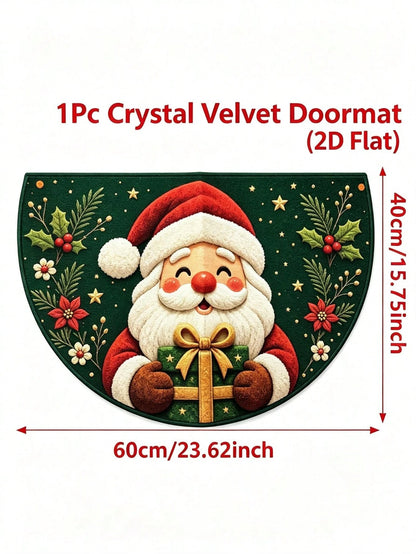 1pc Christmas Half-Circle Floor Mat, Santa Claus Pattern Carpet, Christmas Party Supplies, Merry Christmas Decor, Christmas Eve Decoration, Christmas Ornaments, Christmas Outdoor Decor Mat, Christmas