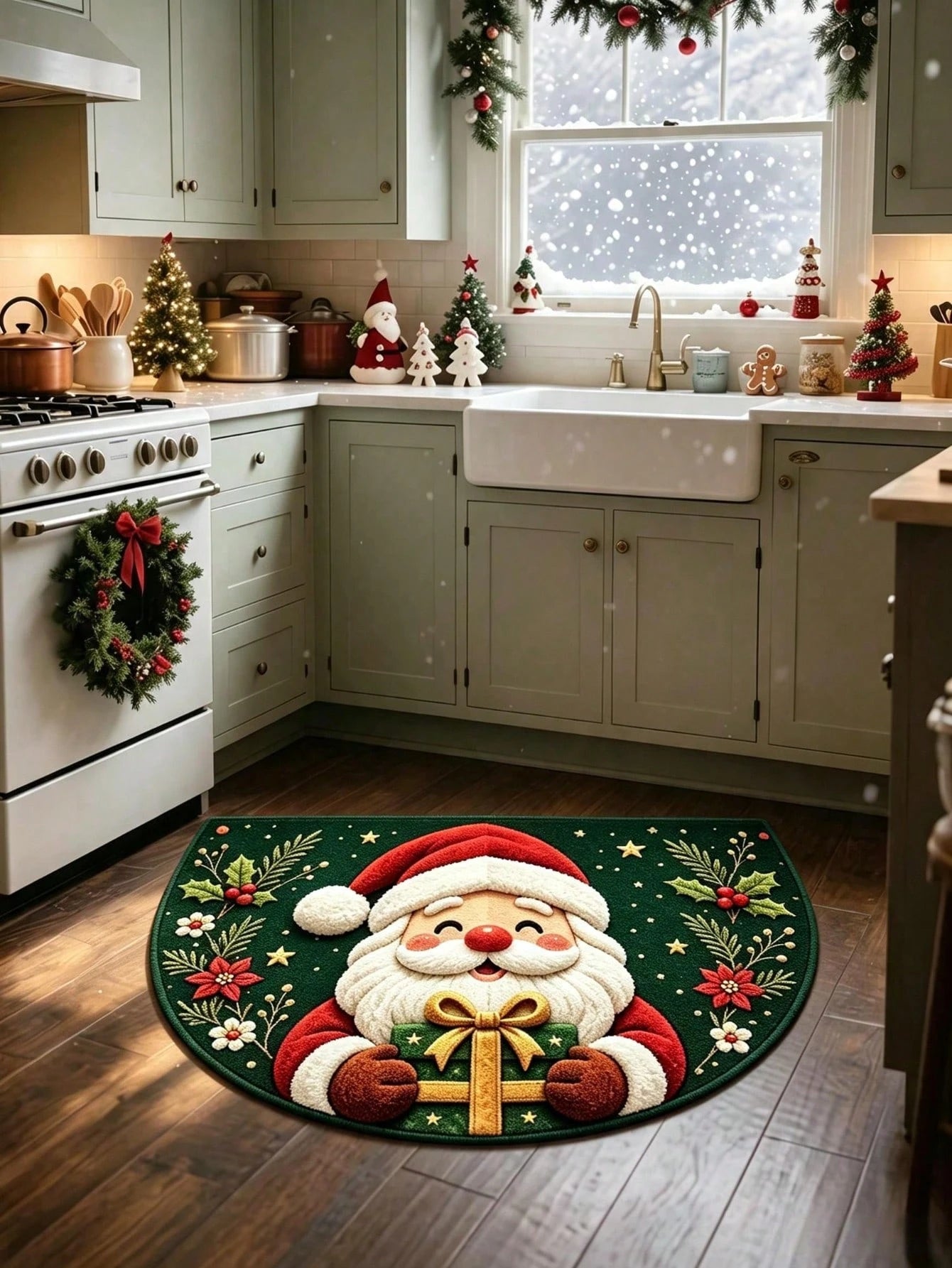 1pc Christmas Half-Circle Floor Mat, Santa Claus Pattern Carpet, Christmas Party Supplies, Merry Christmas Decor, Christmas Eve Decoration, Christmas Ornaments, Christmas Outdoor Decor Mat, Christmas