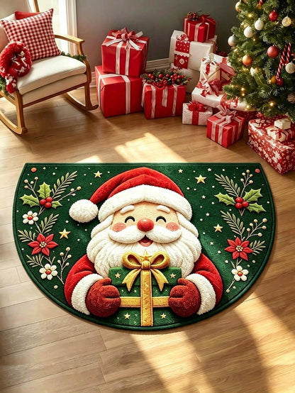 1pc Christmas Half-Circle Floor Mat, Santa Claus Pattern Carpet, Christmas Party Supplies, Merry Christmas Decor, Christmas Eve Decoration, Christmas Ornaments, Christmas Outdoor Decor Mat, Christmas