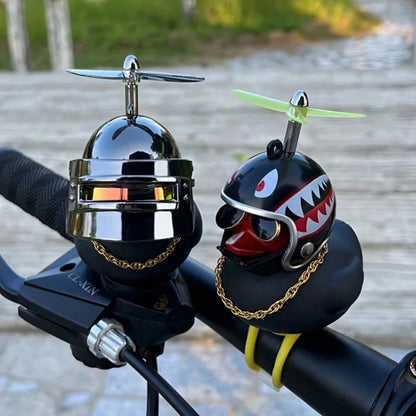 1pc Classic Rubber Duck Bicycle Handlebar Decor- With Propeller, Glasses, Gold Chain And Horn, Shiny Black Color, Suitable For Bicycle Parts, Bicycle Accessories| Unique Design