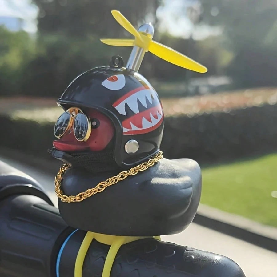 1pc Classic Rubber Duck Bicycle Handlebar Decor- With Propeller, Glasses, Gold Chain And Horn, Shiny Black Color, Suitable For Bicycle Parts, Bicycle Accessories| Unique Design