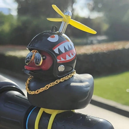 1pc Classic Rubber Duck Bicycle Handlebar Decor- With Propeller, Glasses, Gold Chain And Horn, Shiny Black Color, Suitable For Bicycle Parts, Bicycle Accessories| Unique Design