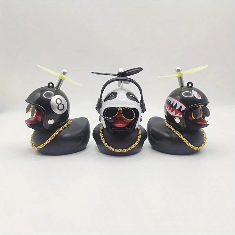 1pc Classic Rubber Duck Bicycle Handlebar Decor- With Propeller, Glasses, Gold Chain And Horn, Shiny Black Color, Suitable For Bicycle Parts, Bicycle Accessories| Unique Design