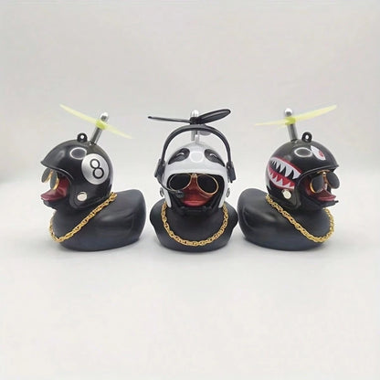1pc Classic Rubber Duck Bicycle Handlebar Decor- With Propeller, Glasses, Gold Chain And Horn, Shiny Black Color, Suitable For Bicycle Parts, Bicycle Accessories| Unique Design