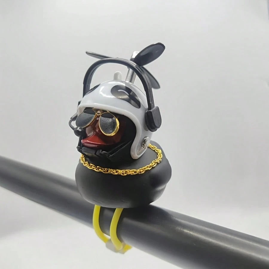 1pc Classic Rubber Duck Bicycle Handlebar Decor- With Propeller, Glasses, Gold Chain And Horn, Shiny Black Color, Suitable For Bicycle Parts, Bicycle Accessories| Unique Design