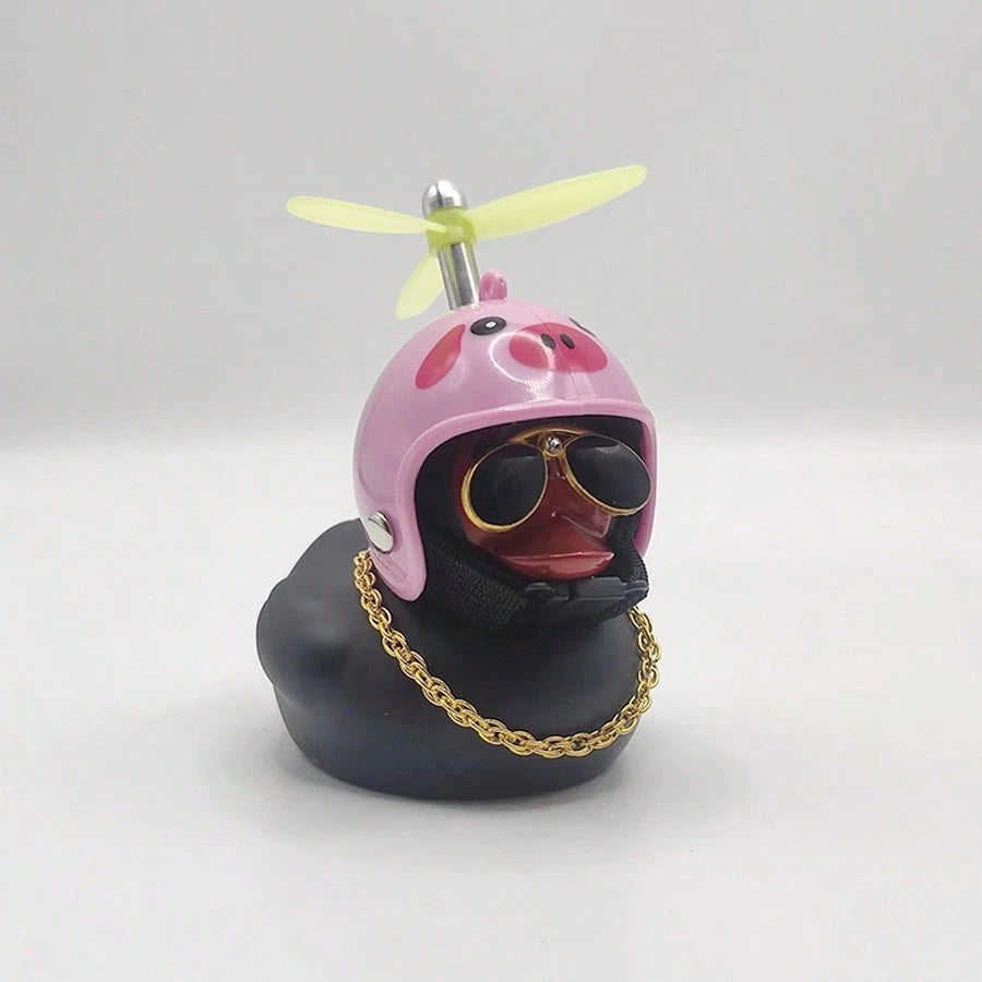 1pc Classic Rubber Duck Bicycle Handlebar Decor- With Propeller, Glasses, Gold Chain And Horn, Shiny Black Color, Suitable For Bicycle Parts, Bicycle Accessories| Unique Design