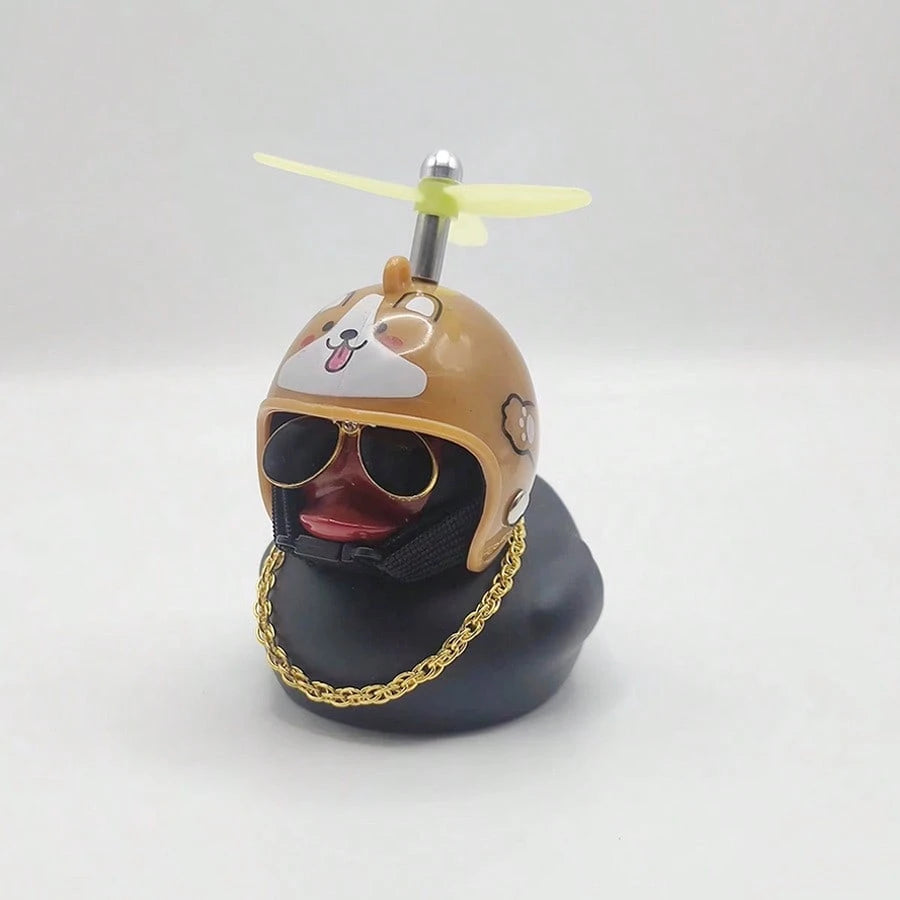 1pc Classic Rubber Duck Bicycle Handlebar Decor- With Propeller, Glasses, Gold Chain And Horn, Shiny Black Color, Suitable For Bicycle Parts, Bicycle Accessories| Unique Design