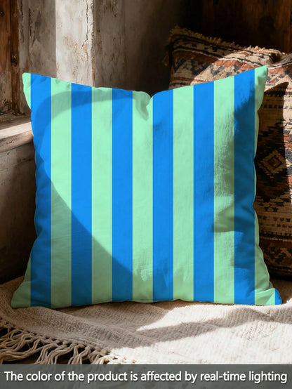 1pc Classic Versatile Blue & Green Striped Pillow Case, Nordic Ins Style Cushion Cover, Faux Linen Material, Digital Printing, Suitable For Sofa, Car Pillow, Modern Minimalist Living Room Sofa Cushion