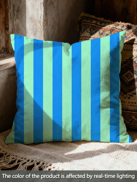 1pc Classic Versatile Blue & Green Striped Pillow Case, Nordic Ins Style Cushion Cover, Faux Linen Material, Digital Printing, Suitable For Sofa, Car Pillow, Modern Minimalist Living Room Sofa Cushion