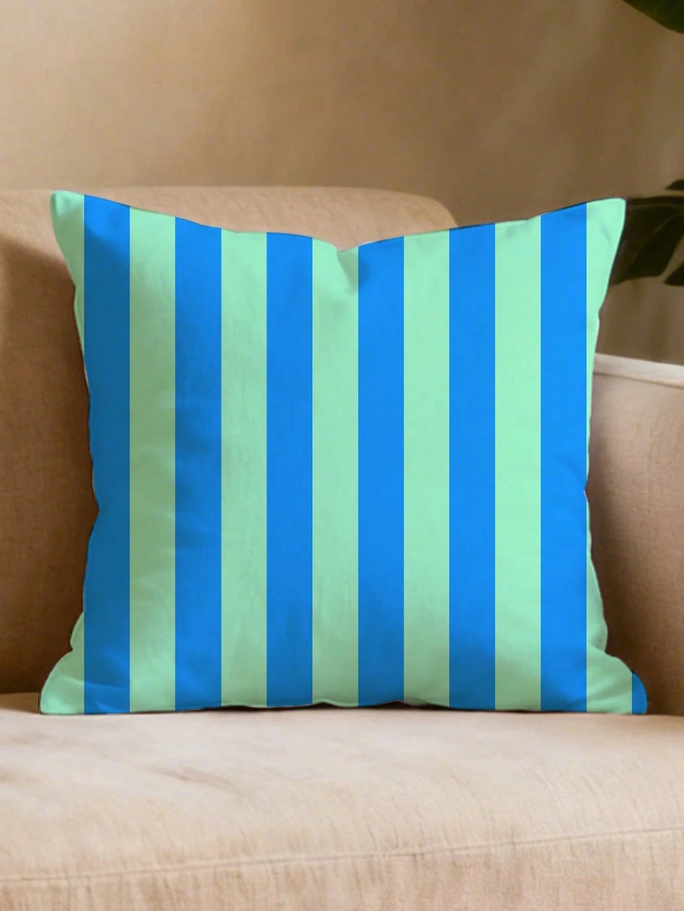 1pc Classic Versatile Blue & Green Striped Pillow Case, Nordic Ins Style Cushion Cover, Faux Linen Material, Digital Printing, Suitable For Sofa, Car Pillow, Modern Minimalist Living Room Sofa Cushion