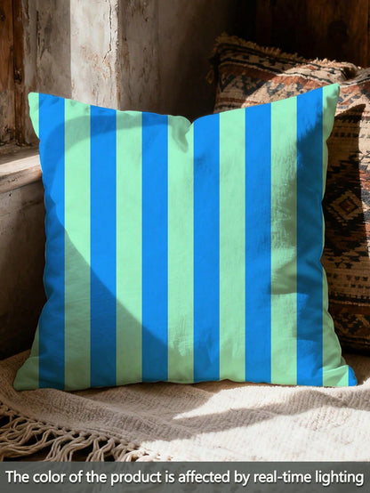 1pc Classic Versatile Blue & Green Striped Pillow Case, Nordic Ins Style Cushion Cover, Faux Linen Material, Digital Printing, Suitable For Sofa, Car Pillow, Modern Minimalist Living Room Sofa Cushion
