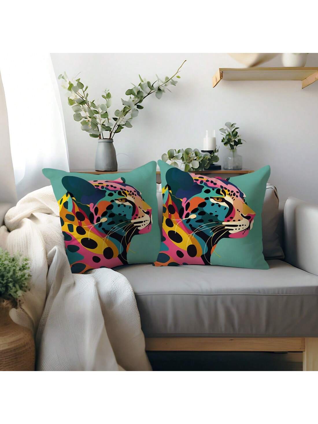 1pc Colorful Cheetah Print Throw Pillow Cover, Plush Velvet Fabric, 45*45/50*50/40*40CM Cushion Cover Suitable For Modern Living Room Sofa Decor, Gift